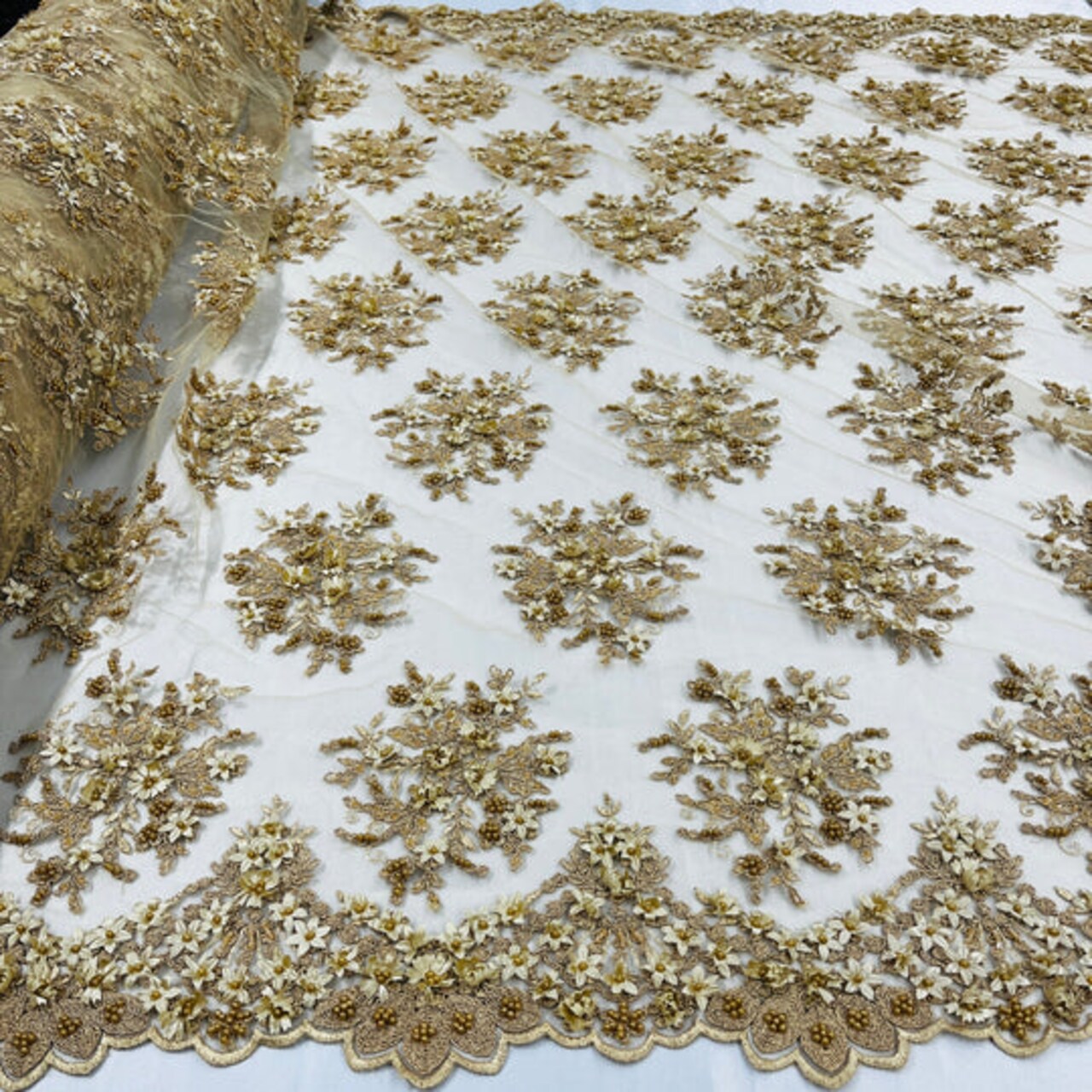 1 Yard Beaded 3D Floral Lace Fabric Embroidered 100 Percent Polyester Net Mesh 50 inch Width